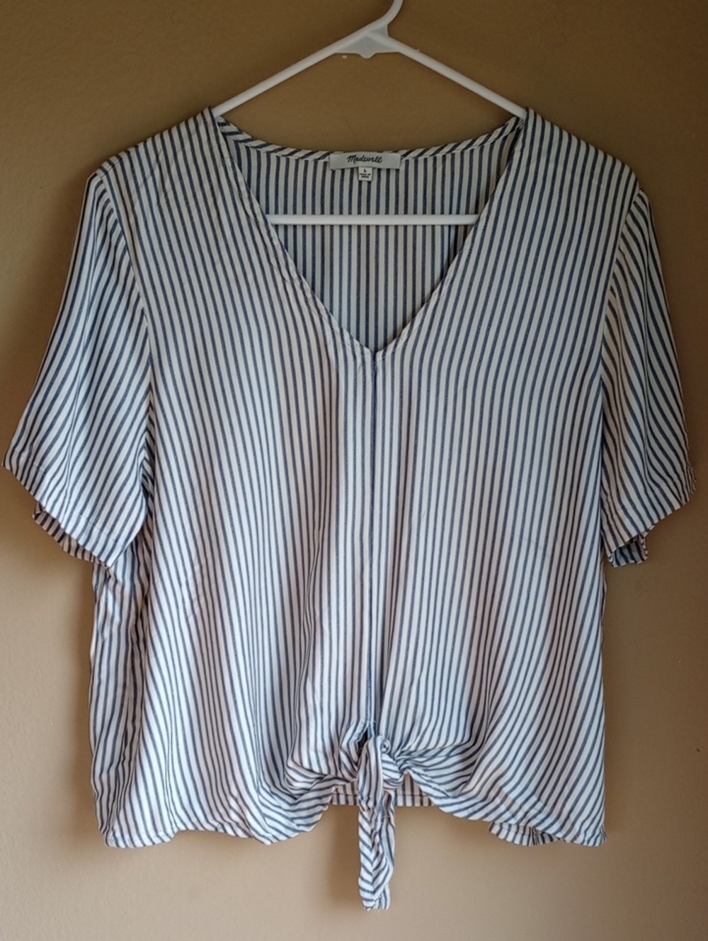 Madewell Stepped Knotted Light Weght Cotton V neck Short Sleeve Nautical Top